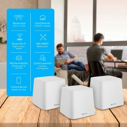Sistema Smart Wi-Fi MESH triple, 2,4 GHz y 5 GHz (B/G/N/A/AC/V/R)